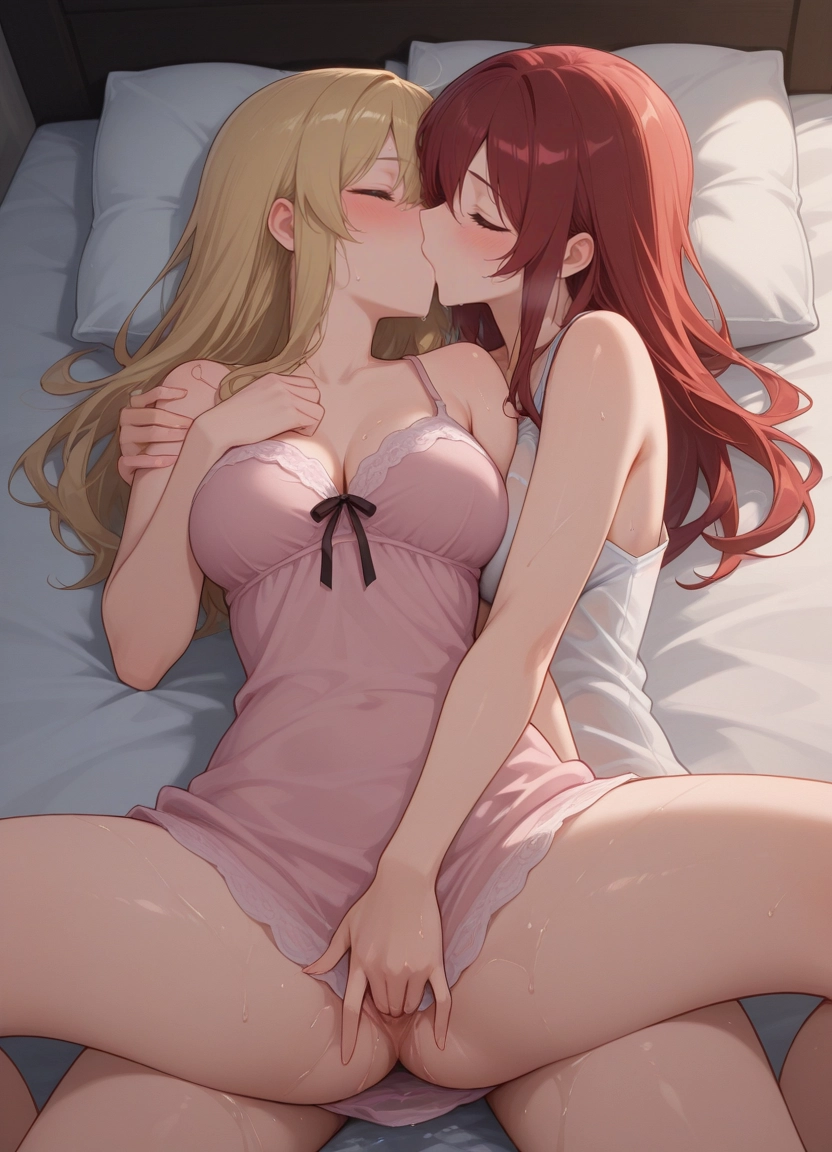 multiple girls, 2girls, breasts, yuri, kiss, closed eyes · Yamete.gg
