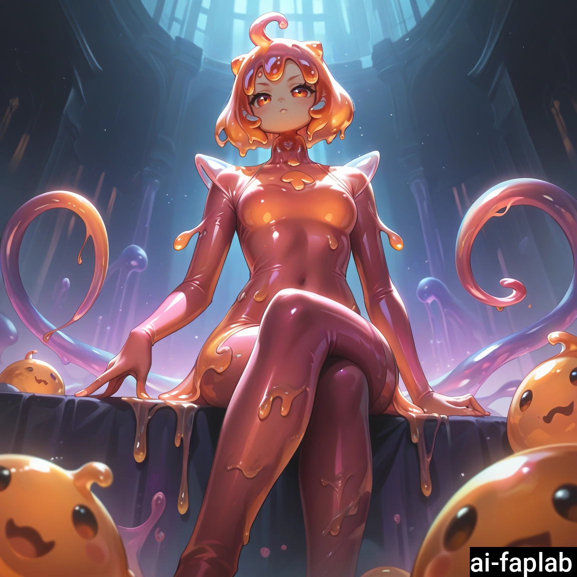 1girl, slime girl, looking at viewer, sitting, crossed legs, ahoge · Yamete.gg