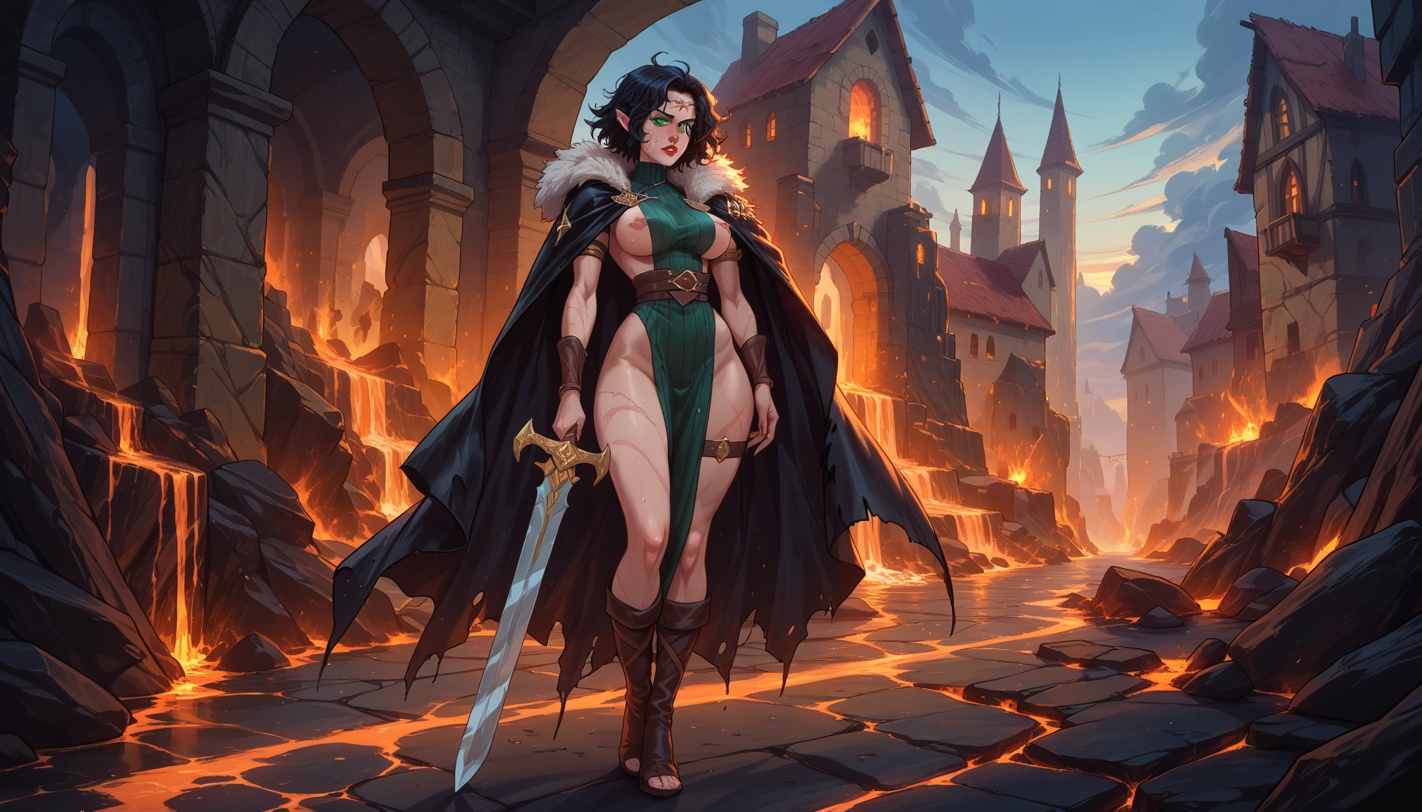1girl, weapon, sword, cape, black hair, breasts · Yamete.gg