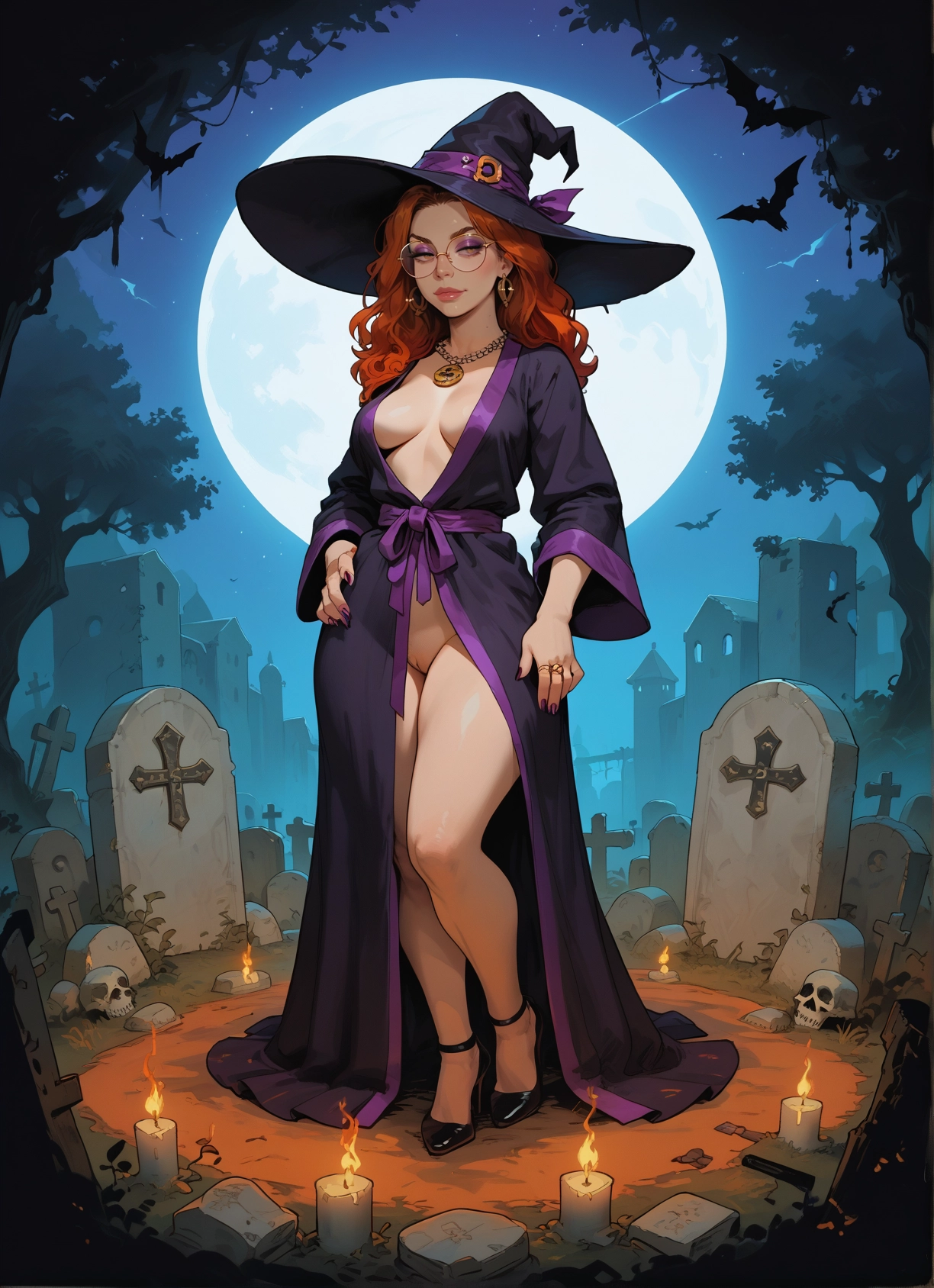 1girl, hat, breasts, witch hat, jewelry, moon · Yamete.gg
