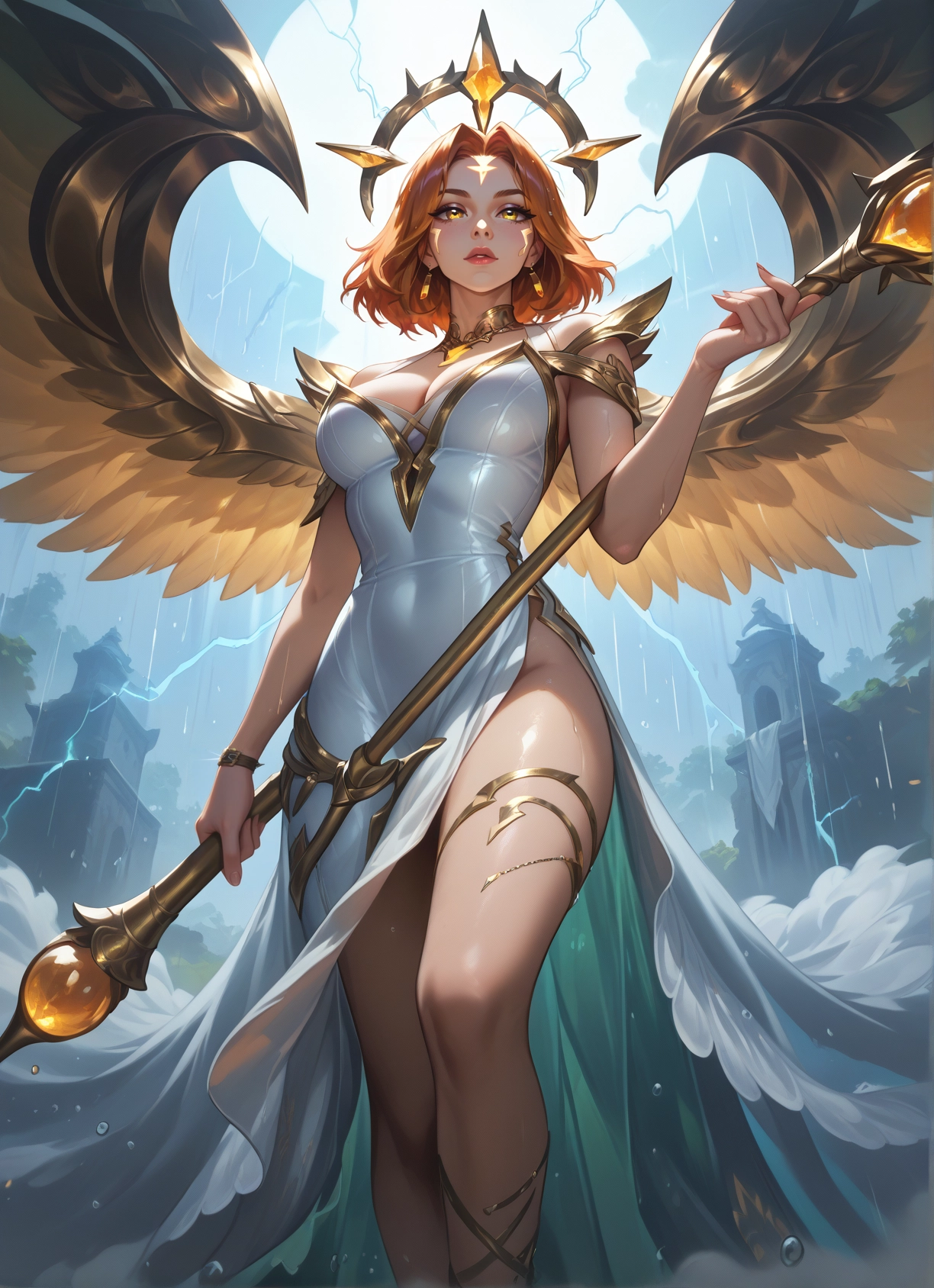 1girl, breasts, jewelry, solo, dress, wings · Yamete.gg