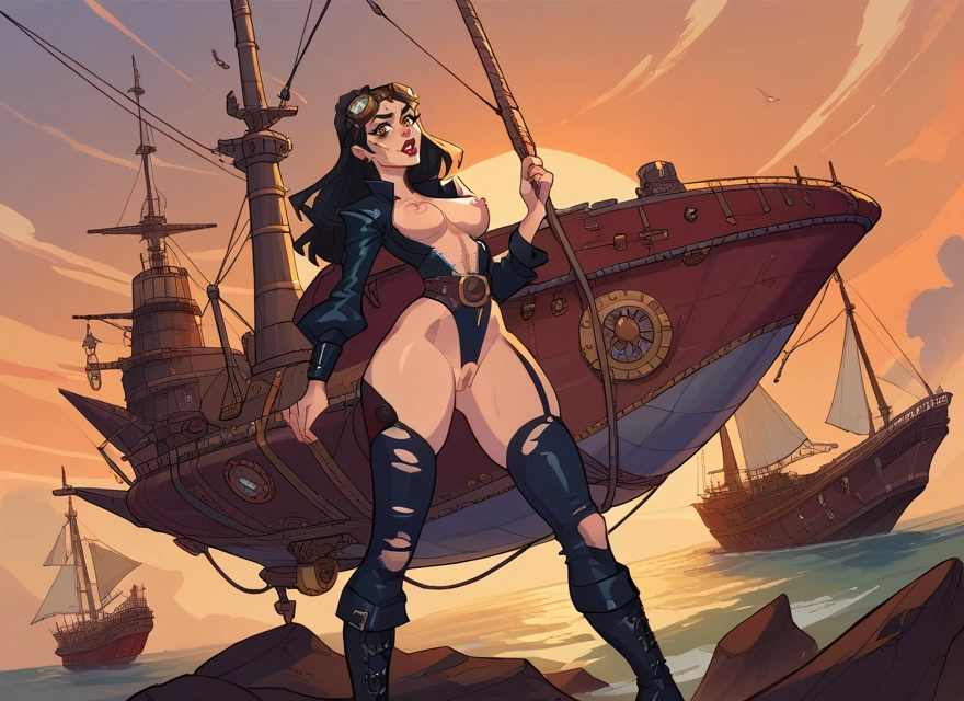 1girl, breasts, nipples, goggles, solo, watercraft