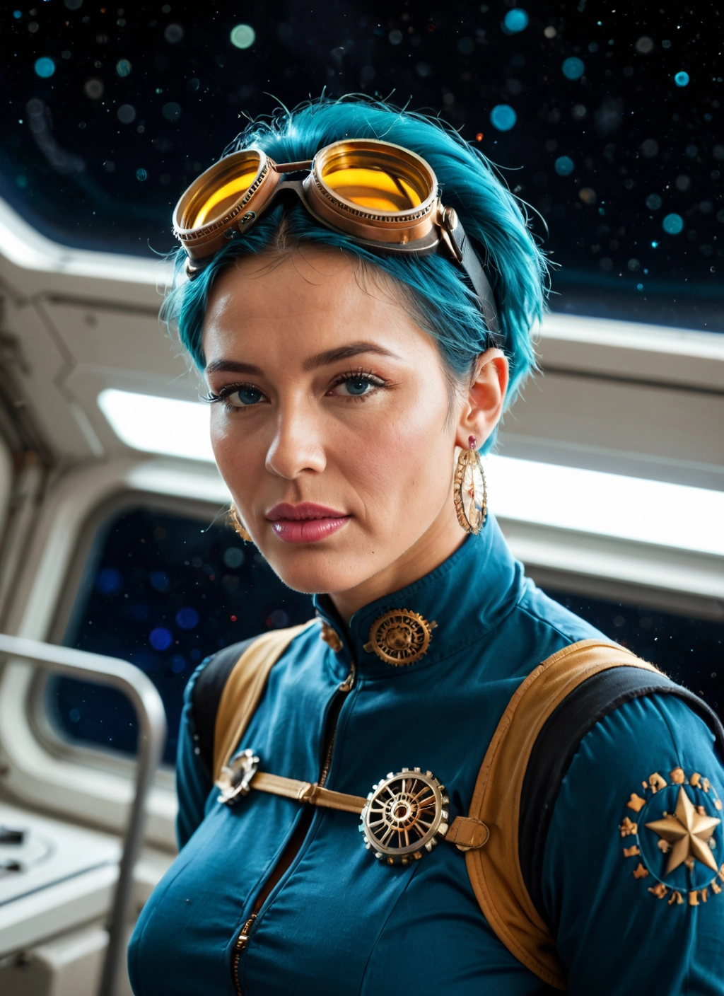 1girl, solo, goggles, jewelry, earrings, goggles on head