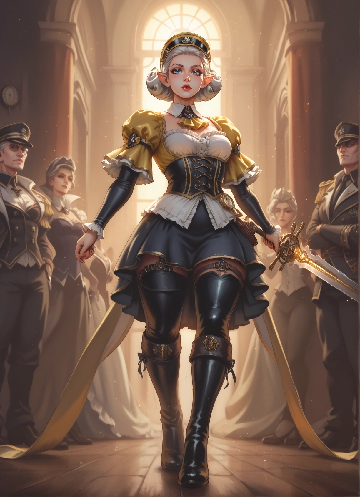 weapon, sword, thighhighs, pointy ears, boots, blue eyes · Yamete.gg