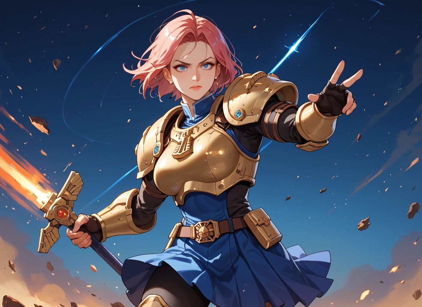 1girl, weapon, blue eyes, solo, gloves, armor · Yamete.gg