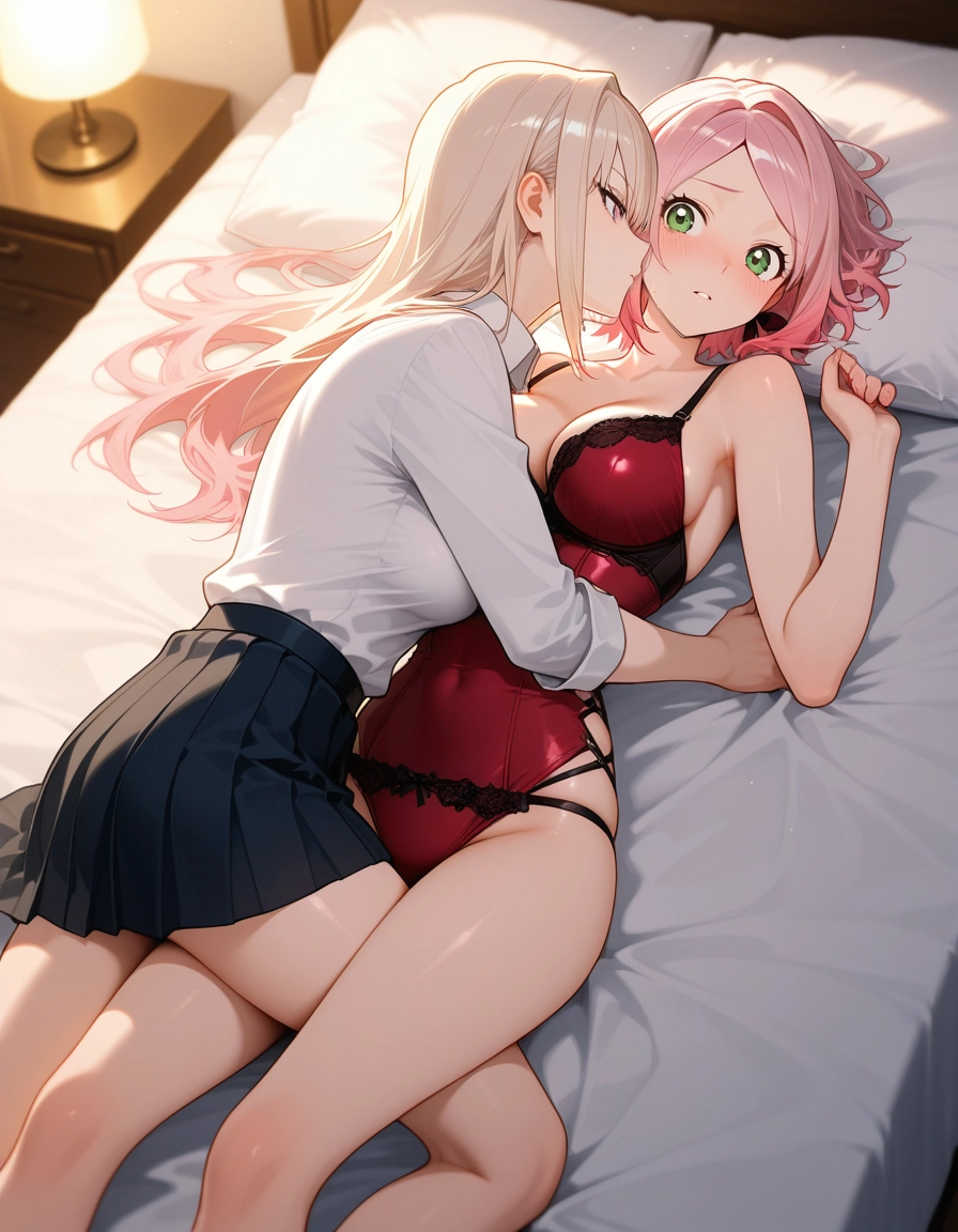 multiple girls, 2girls, breasts, yuri, pink hair, green eyes