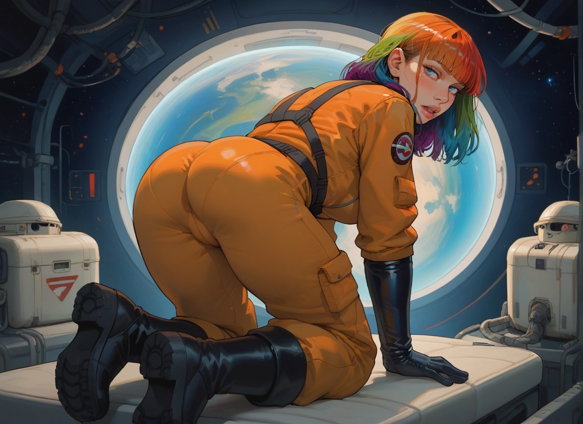 1girl, ass, solo, space, blue eyes, boots · Yamete.gg