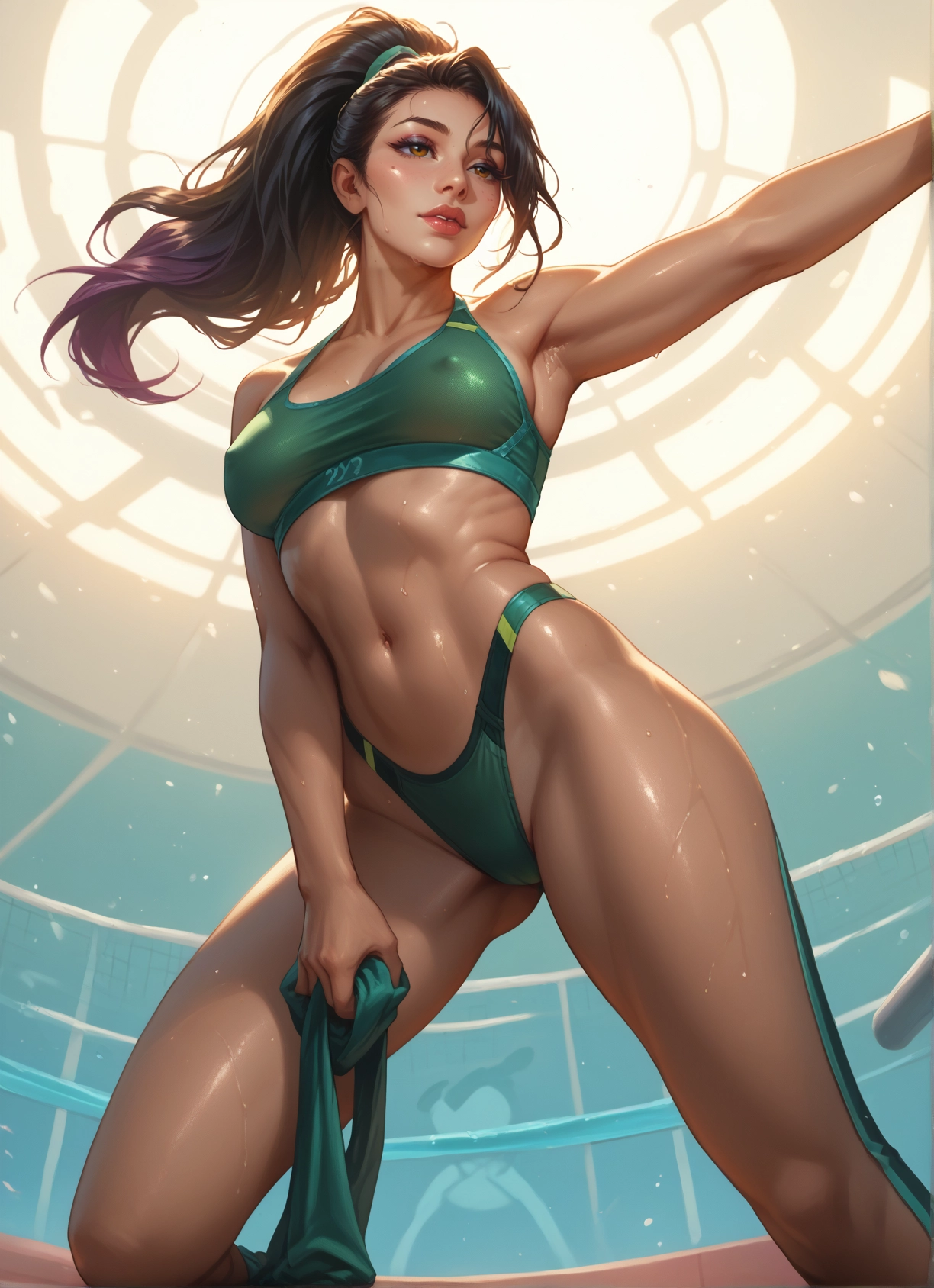 1girl, breasts, navel, armpits, sweat, ponytail · Yamete.gg