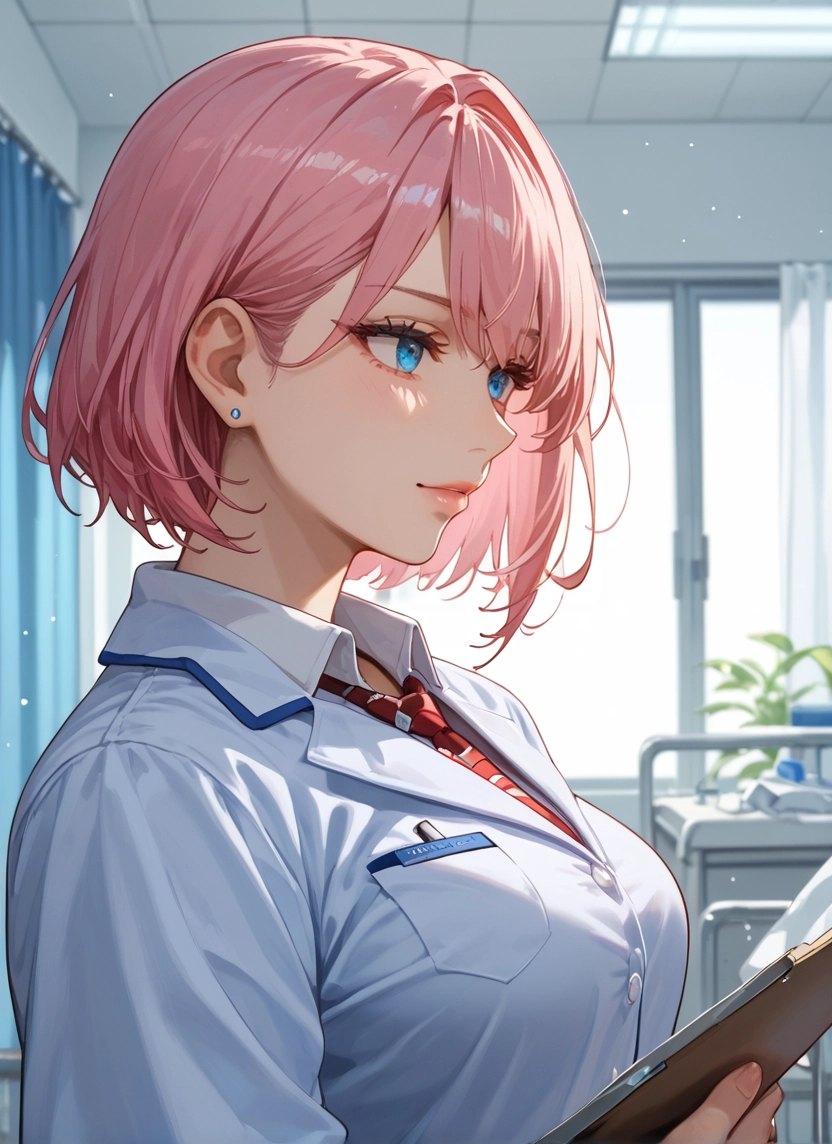 1girl, solo, blue eyes, pink hair, short hair, shirt · Yamete.gg