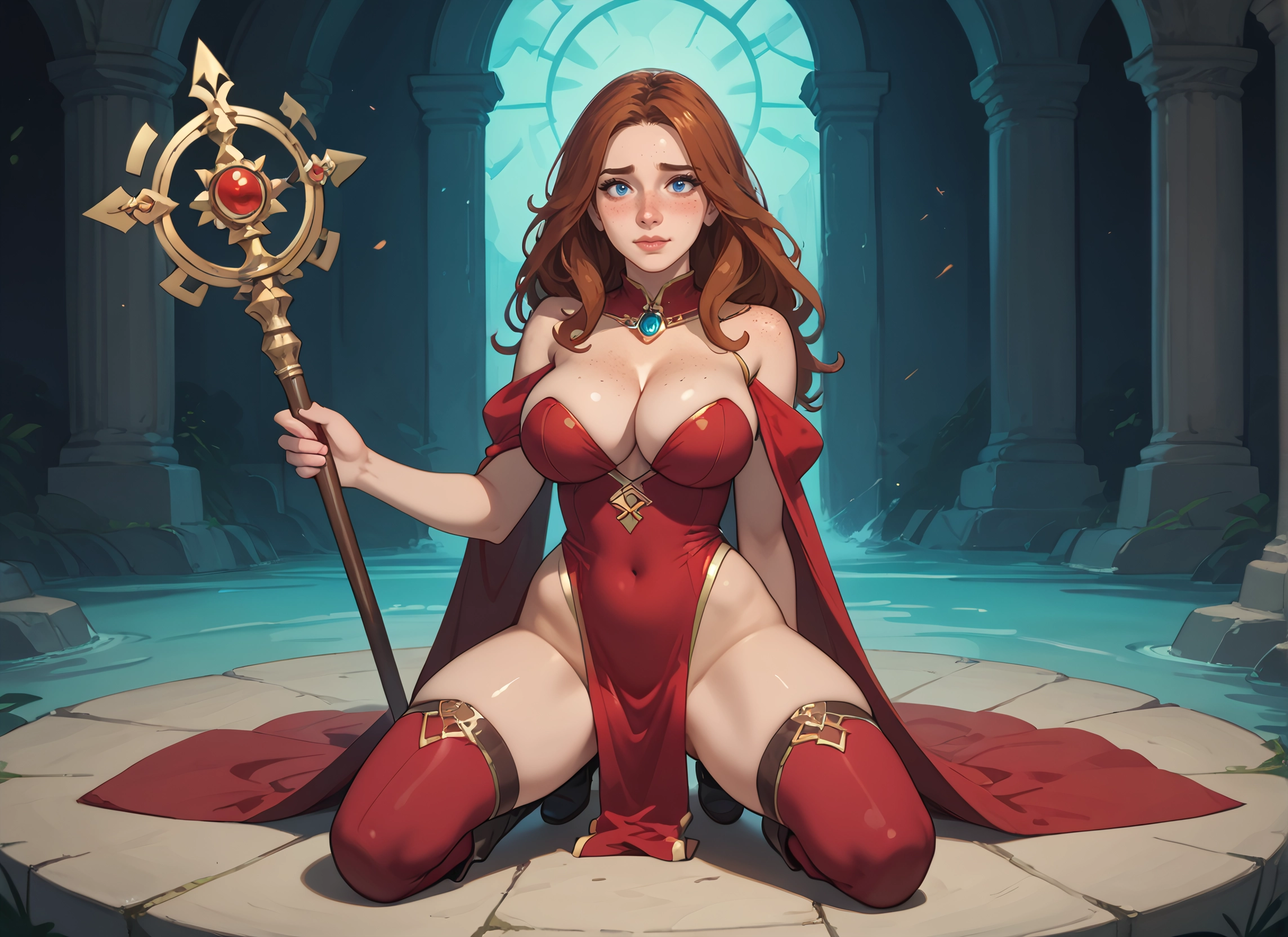 1girl, breasts, blue eyes, thighhighs, freckles, staff · Yamete.gg