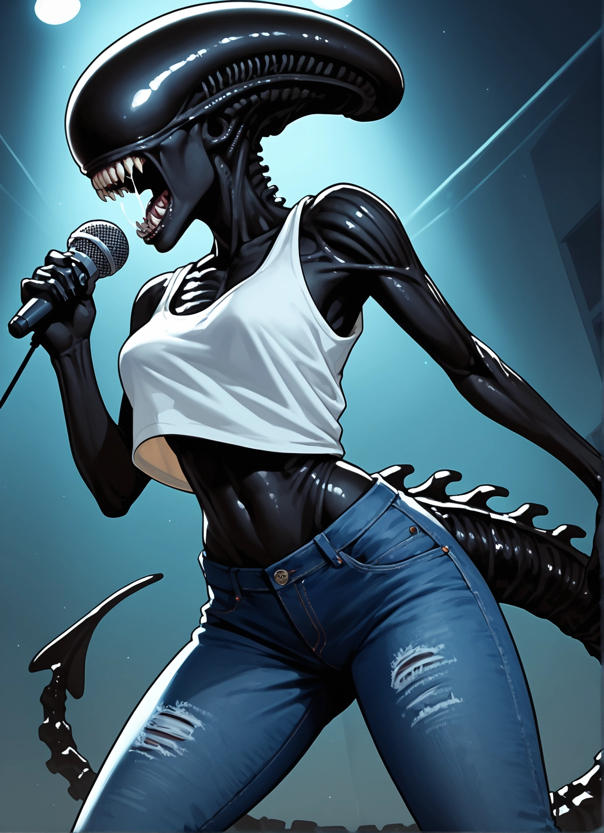 1girl, pants, microphone, denim, jeans, tail · Yamete.gg