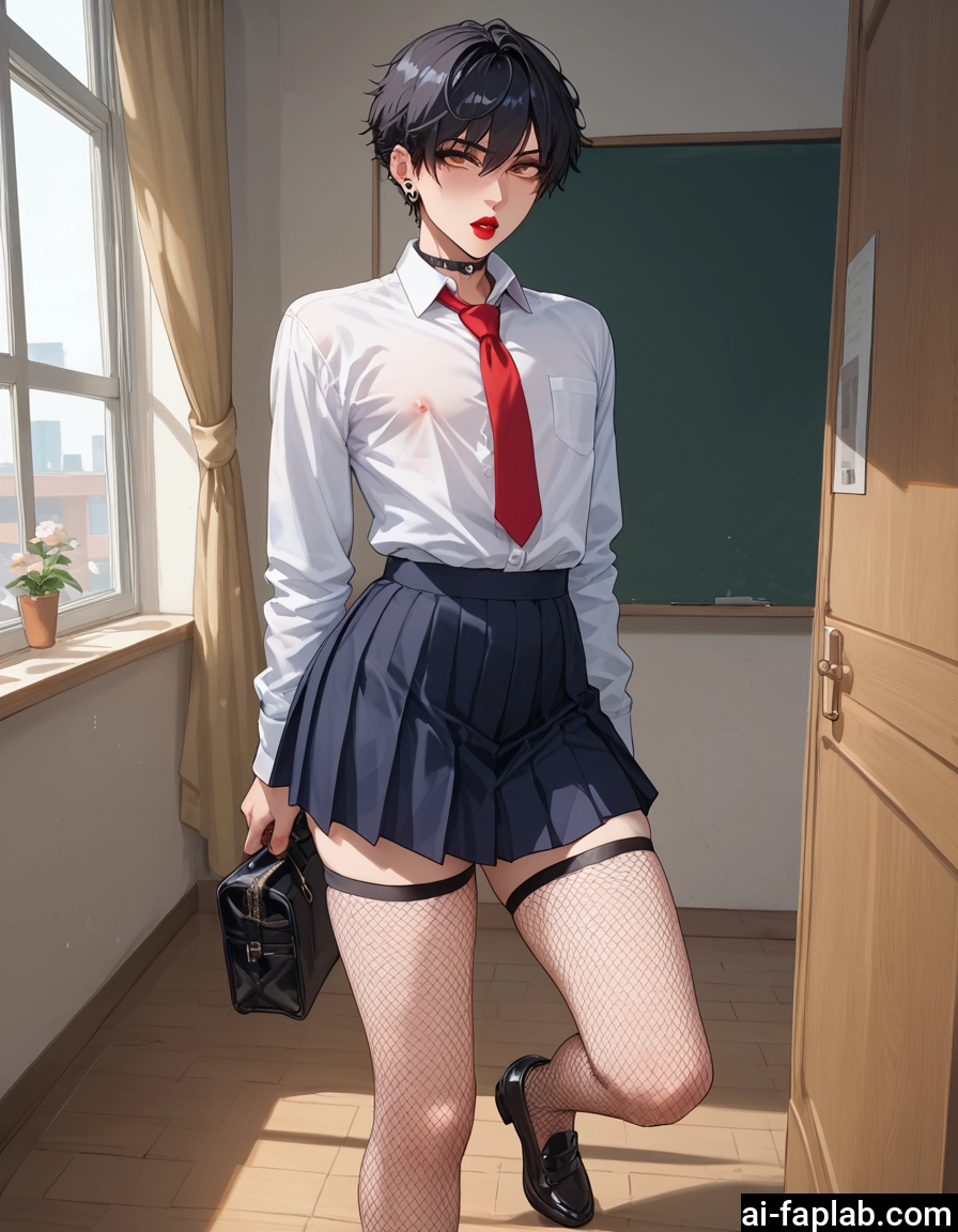 skirt, thighhighs, necktie, fishnets, solo, bag · Yamete.gg