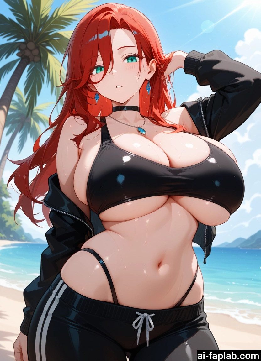 breasts, 1girl, navel, jewelry, red hair, long hair