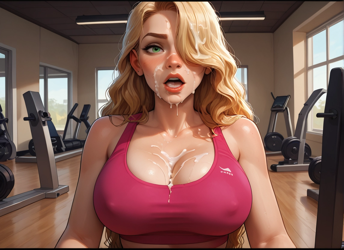 1girl, gym, breasts, cum, green eyes, blonde hair · Yamete.gg