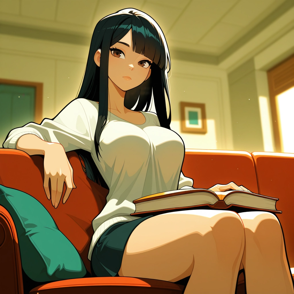 1girl, solo, black hair, brown eyes, book, breasts · Yamete.gg