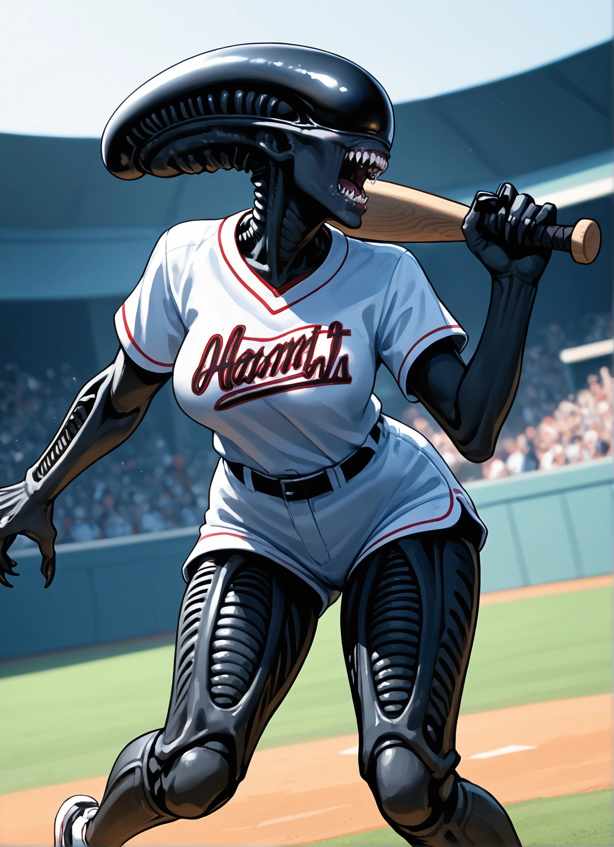 1girl, baseball bat, shorts, teeth, sportswear, baseball uniform · Yamete.gg