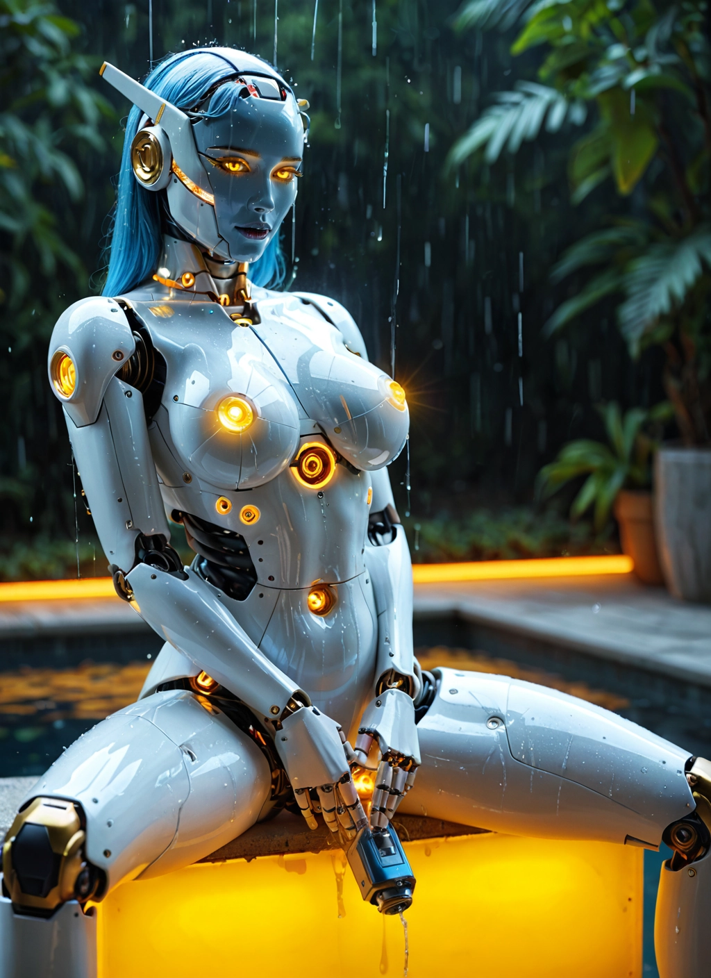 futanari, 1girl, solo, breasts, rain, sitting · Yamete.gg