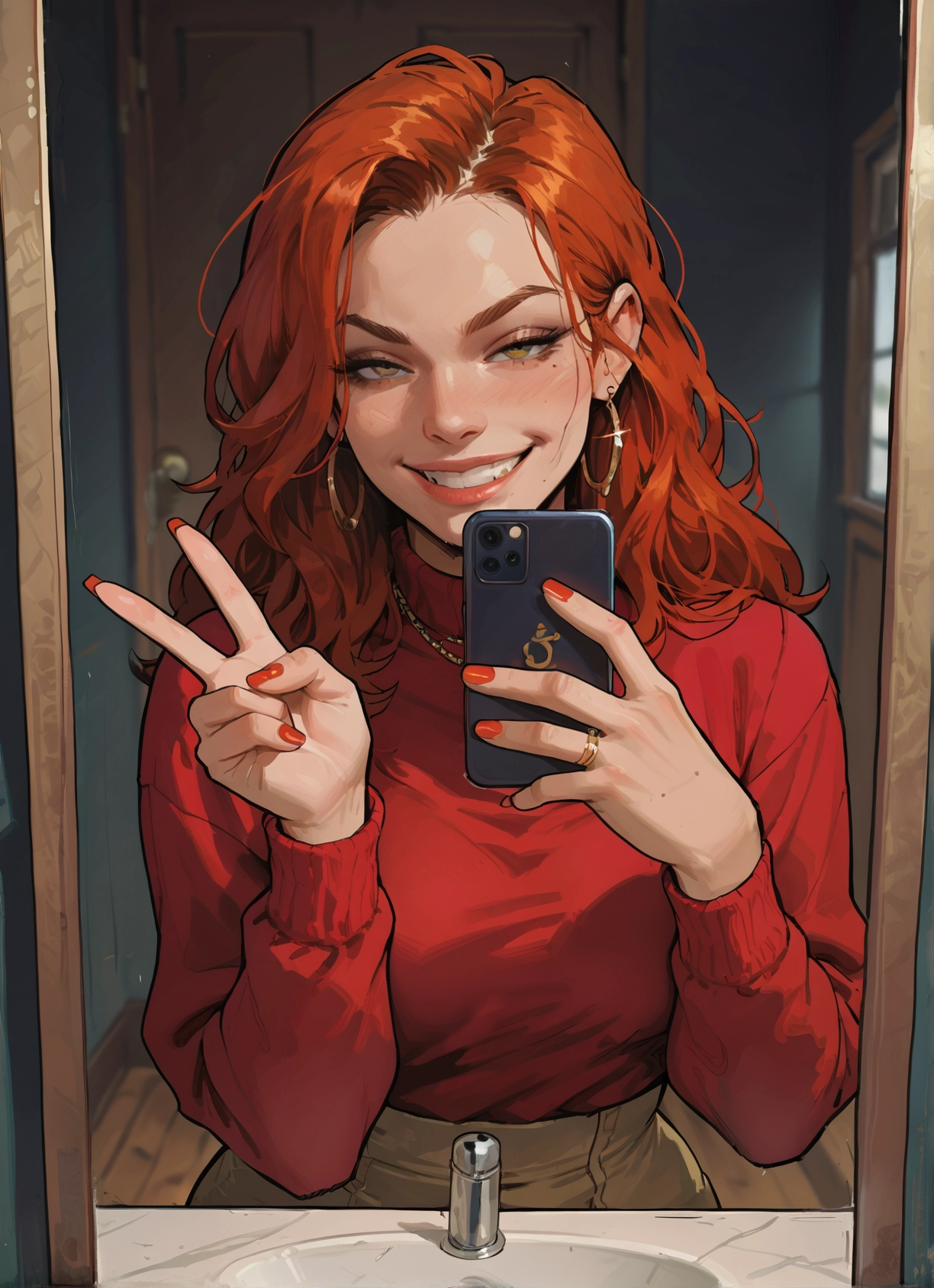 1girl, jewelry, phone, earrings, v, mole · Yamete.gg