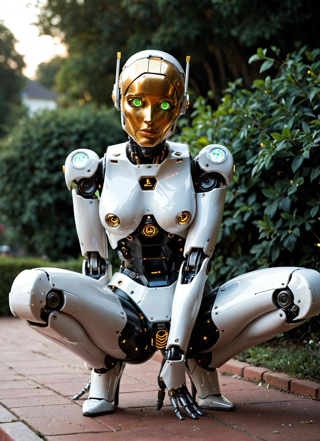 solo, squatting, 1girl, green eyes, robot joints, looking at viewer · Yamete.gg