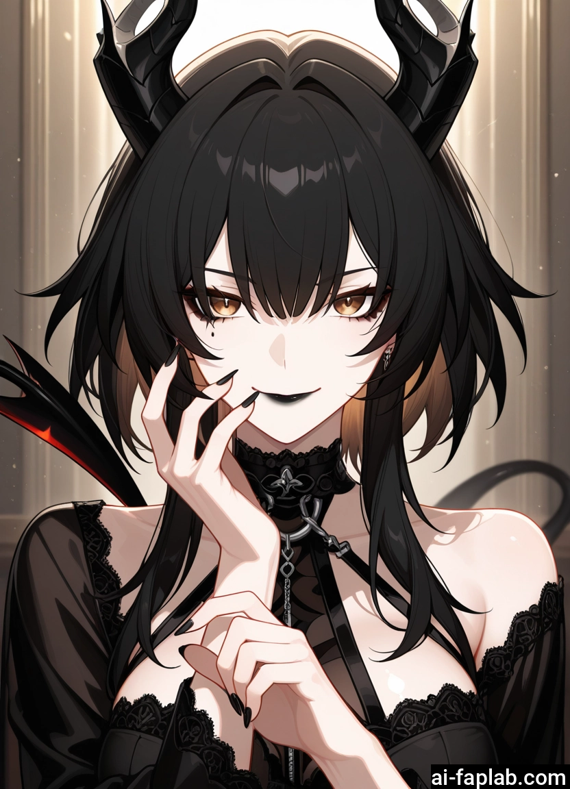 1girl, horns, solo, looking at viewer, black nails, tail
