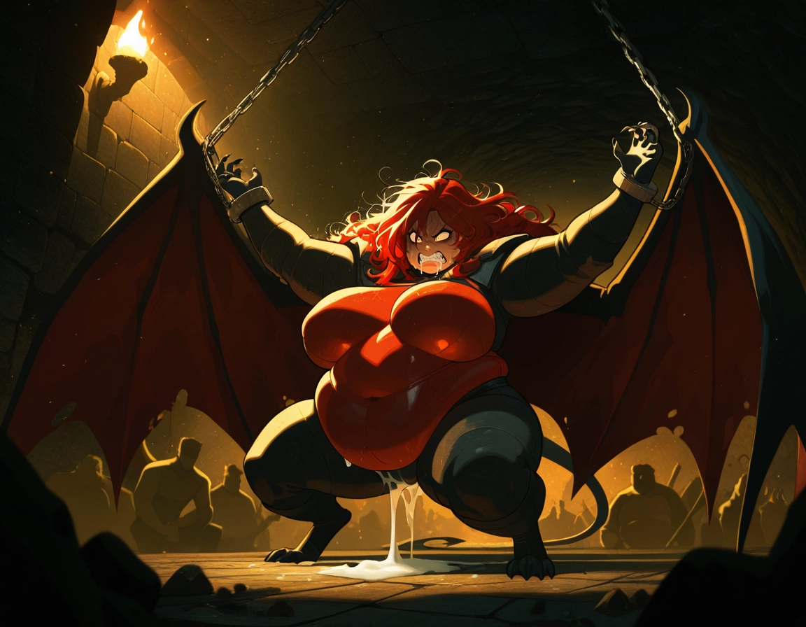 1girl, breasts, tail, red hair, wings, shackles · Yamete.gg