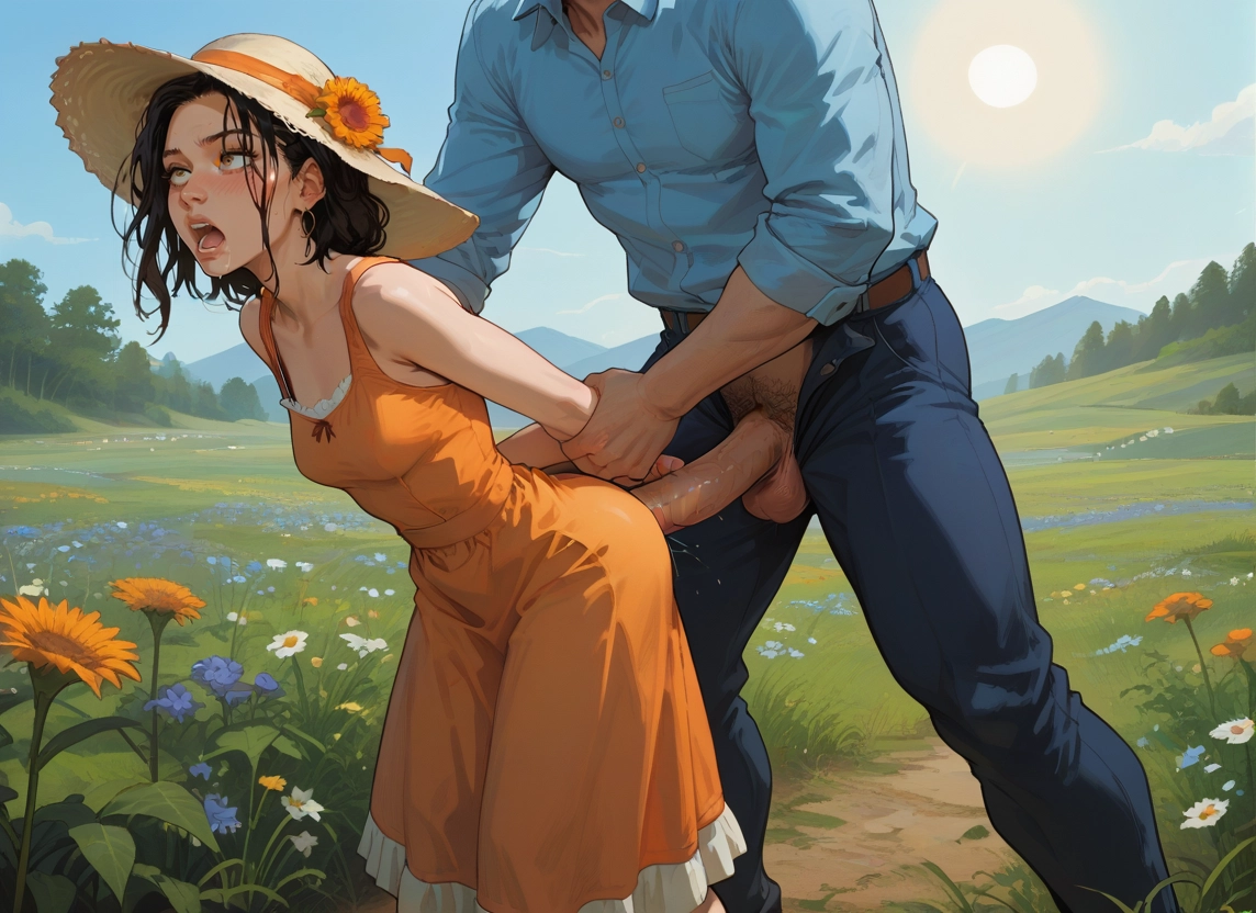 1girl, 1boy, outdoors, flower, dress, hat · Yamete.gg