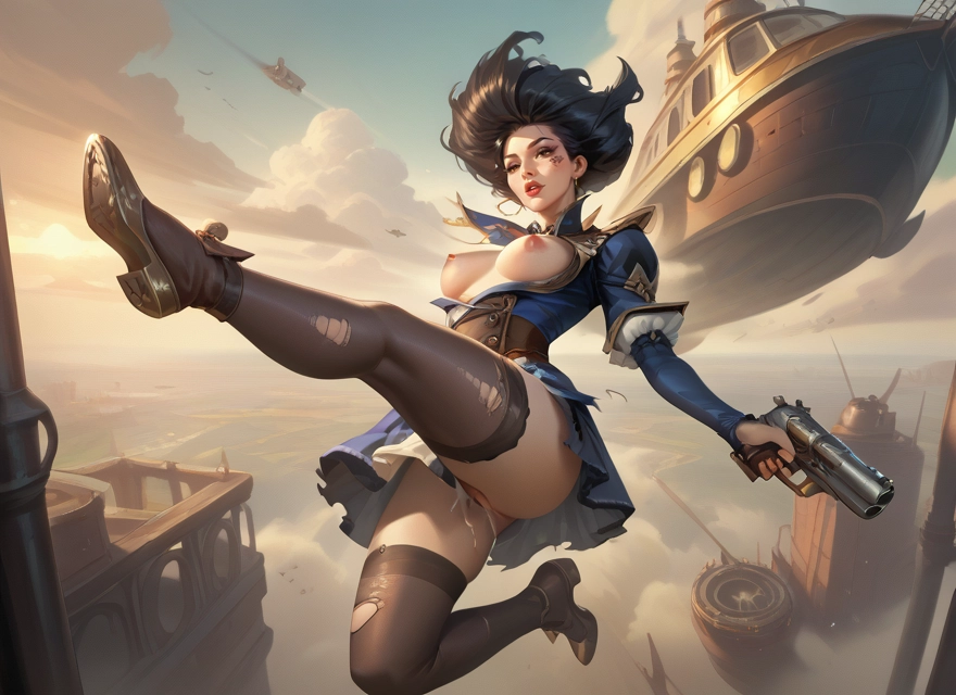 1girl, weapon, breasts, gun, thighhighs, nipples · Yamete.gg