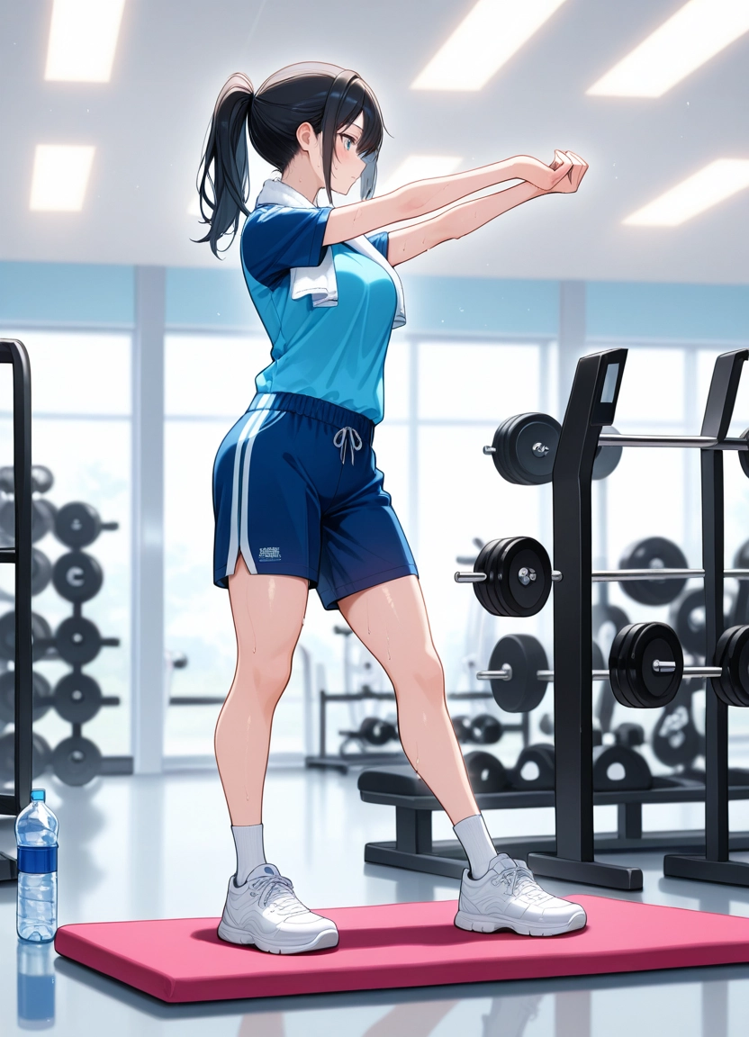 1girl, shorts, ponytail, solo, shoes, exercise