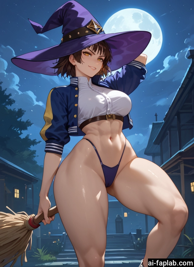 1girl, hat, witch hat, broom, moon, breasts