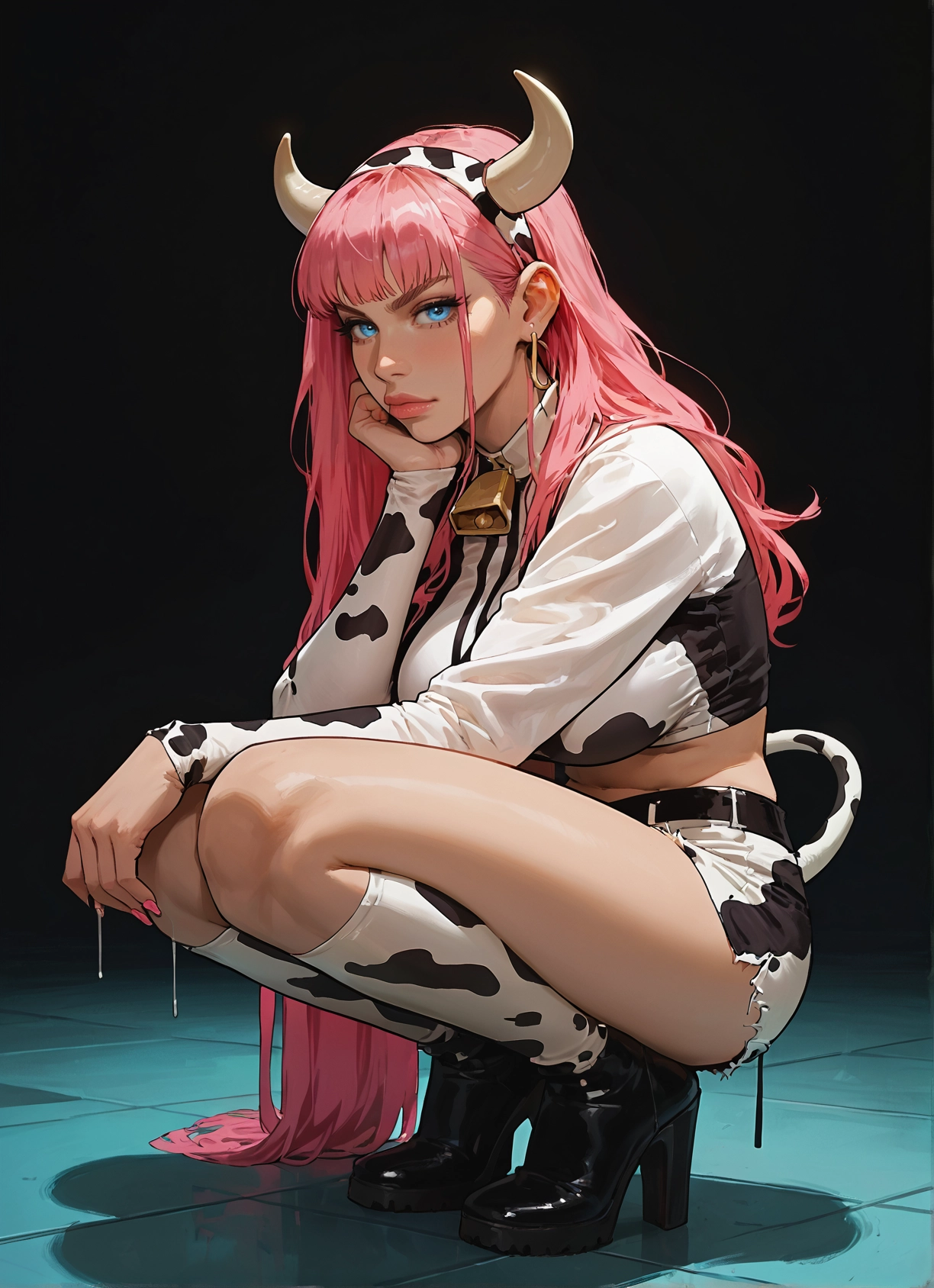 1girl, long hair, pink hair, horns, animal print, cow print · Yamete.gg