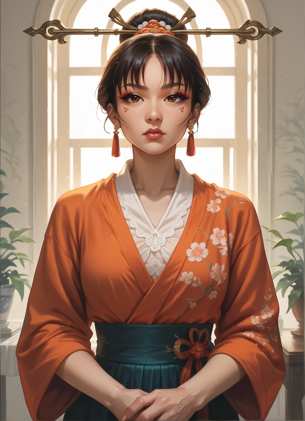 1girl, solo, hair ornament, jewelry, brown eyes, earrings · Yamete.gg