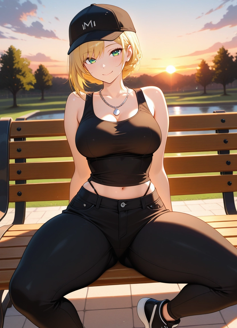 1girl, pants, solo, breasts, outdoors, blonde hair