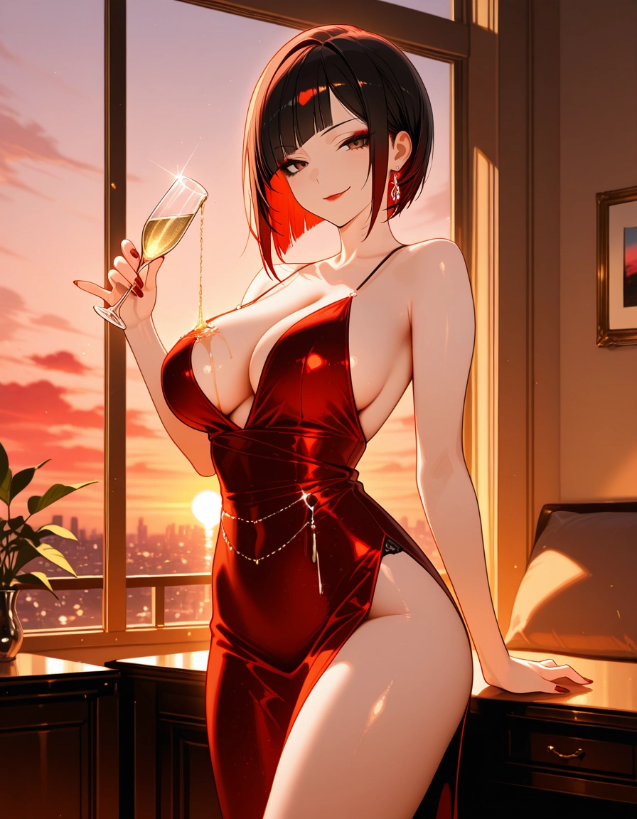 1girl, breasts, solo, dress, cup, red dress · Yamete.gg