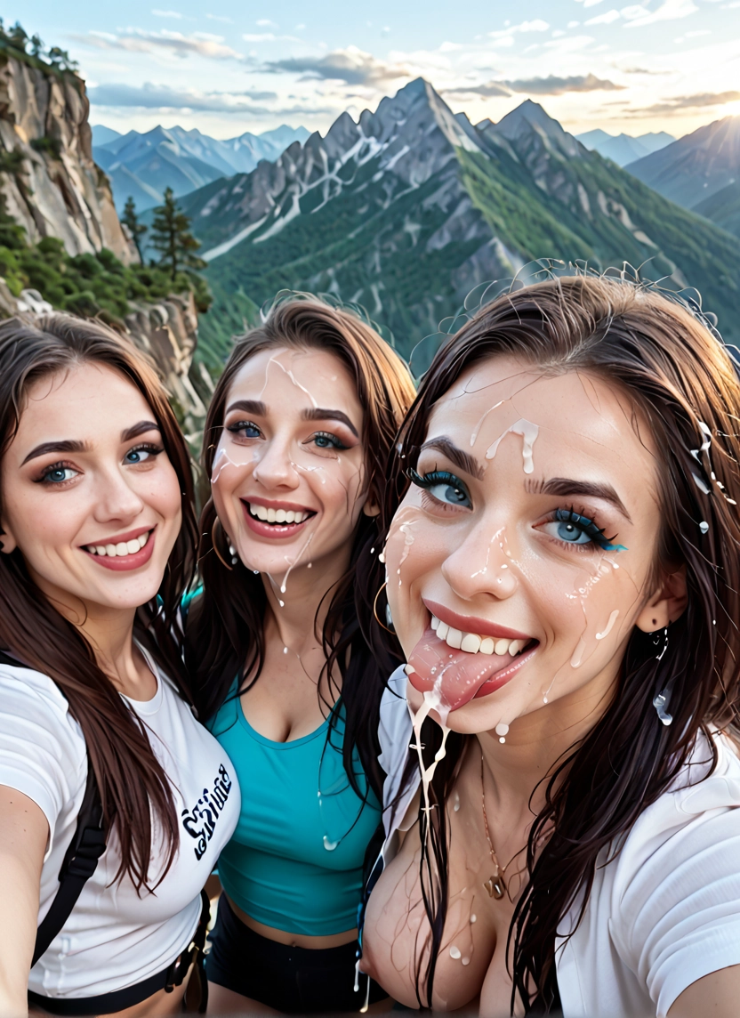 multiple girls, 3girls, smile, brown hair, jewelry, mountain