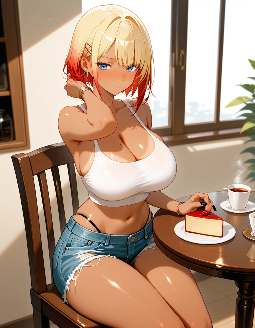 1girl, breasts, cup, shorts, cake slice, blue eyes · Yamete.gg