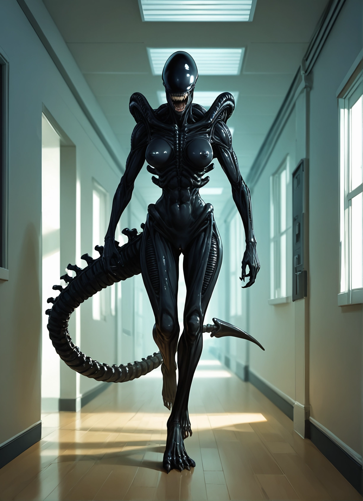 1girl, tail, solo, breasts, teeth, hallway · Yamete.gg