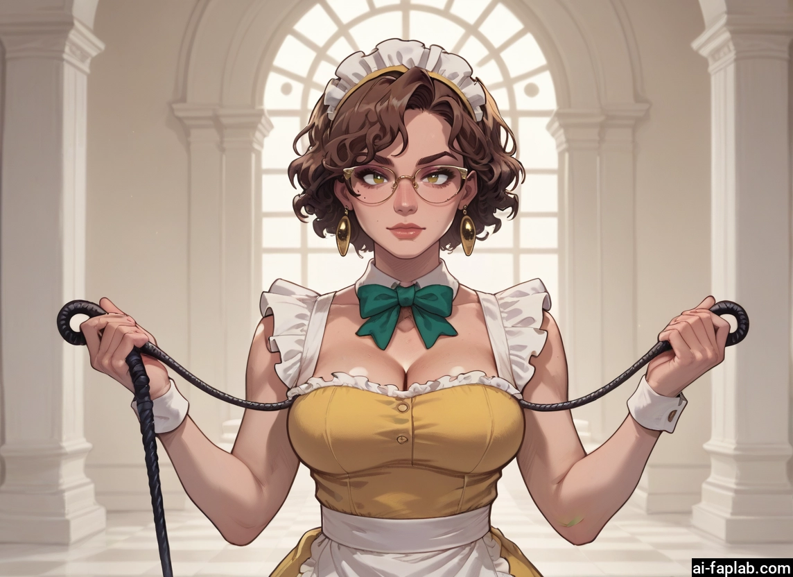 1girl, breasts, cleavage, jewelry, brown hair, maid headdress · Yamete.gg