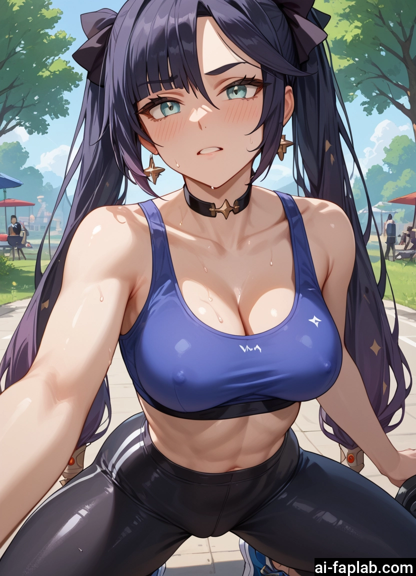 breasts, jewelry, earrings, twintails, choker, covered nipples · Yamete.gg