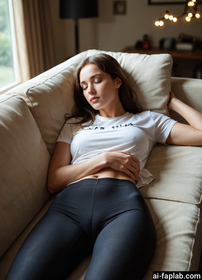 1girl, solo, pants, shirt, navel, sleeping