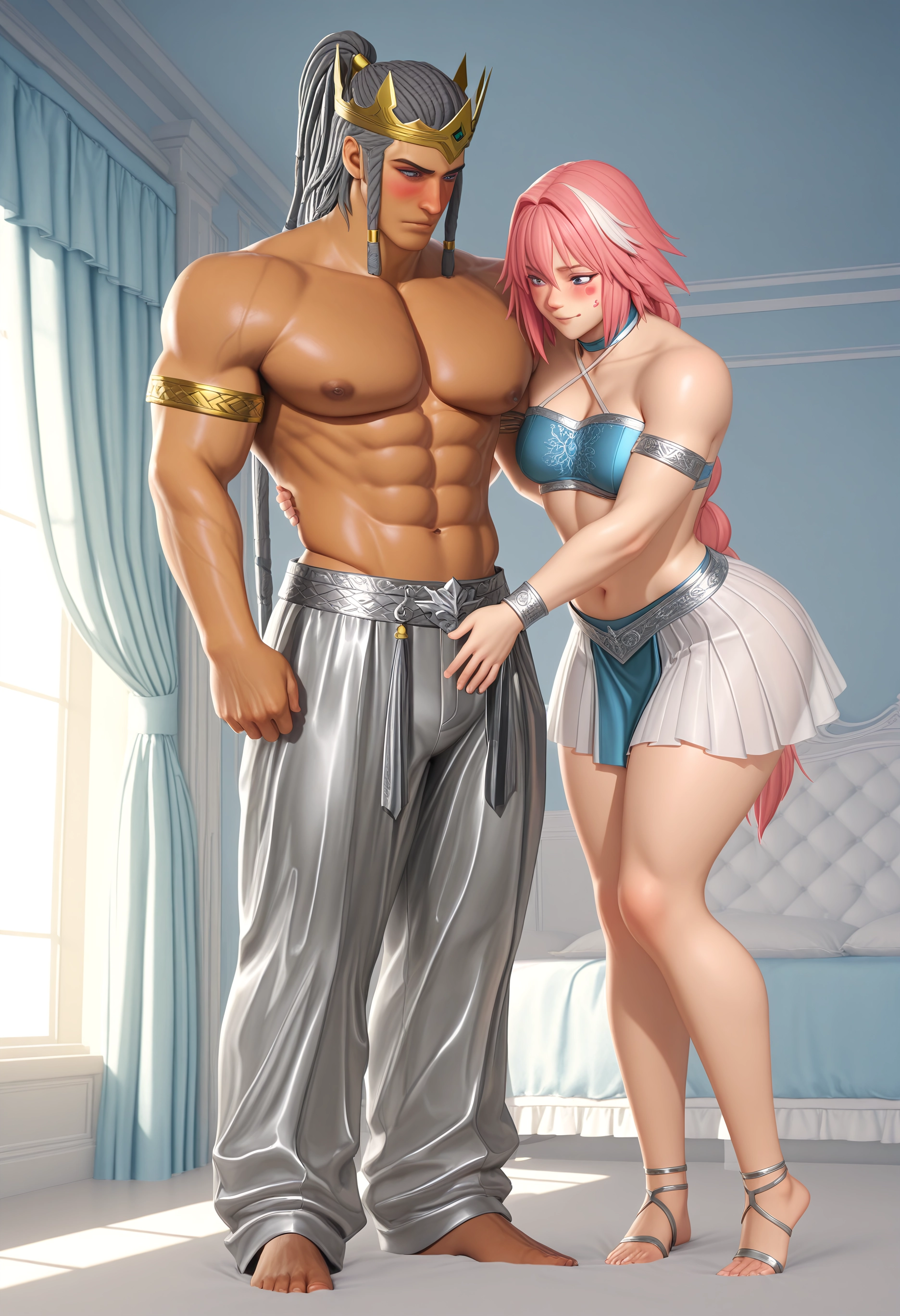 yaoi, pink hair, blush, braid, muscular, abs · Yamete.gg