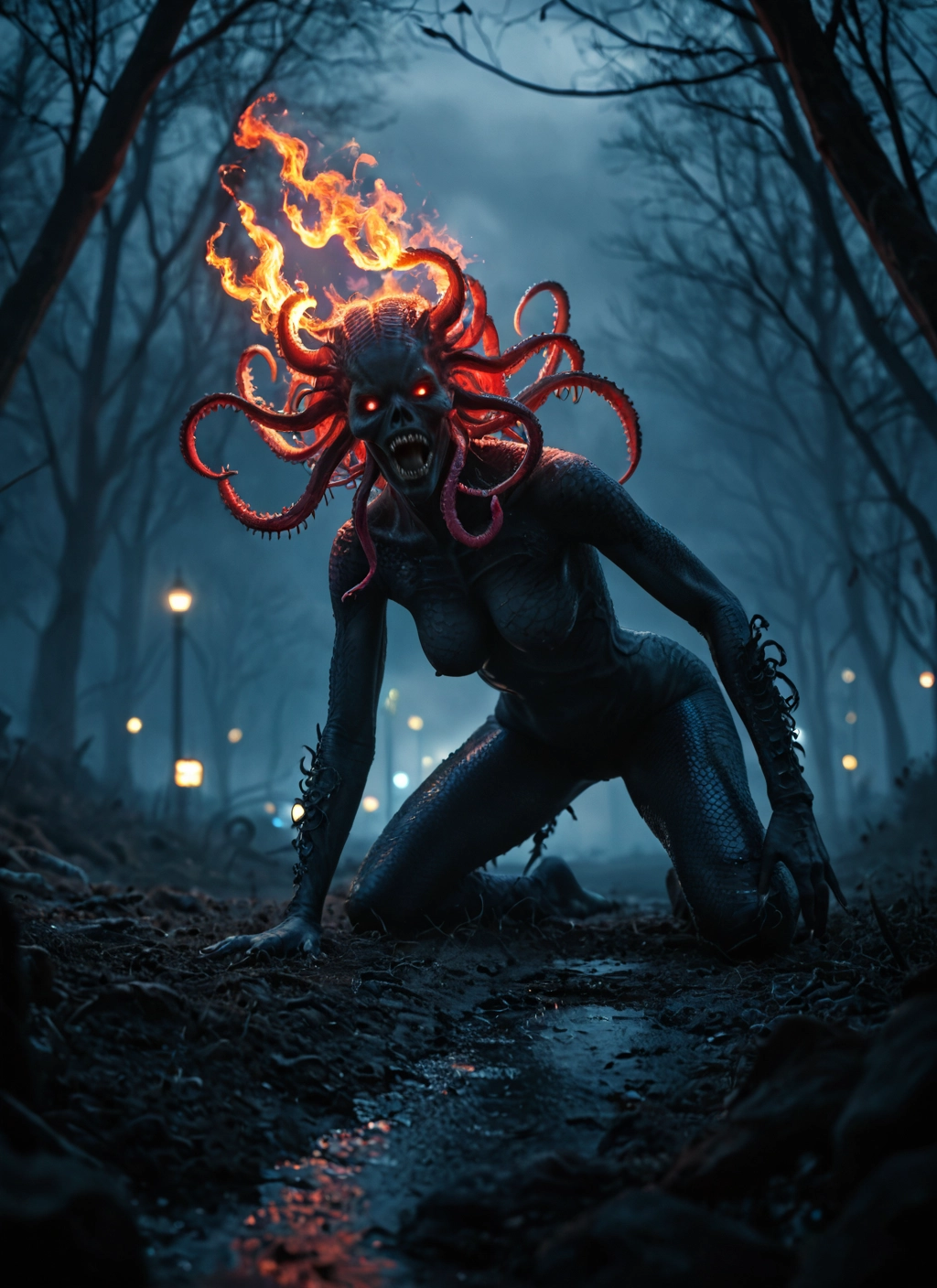 1girl, breasts, solo, tentacles, open mouth, lamppost · Yamete.gg