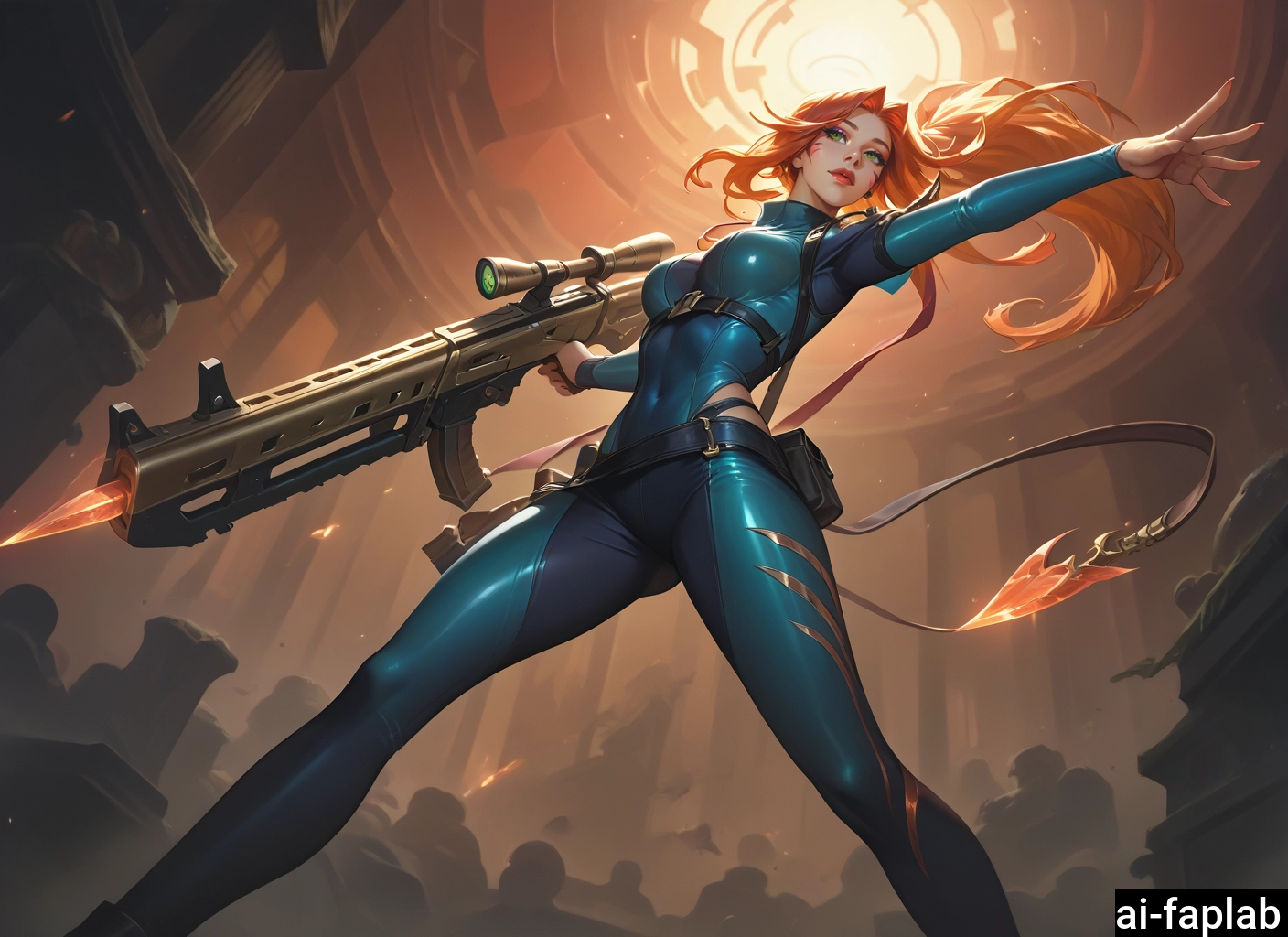 1girl, weapon, gun, long hair, bodysuit, breasts · Yamete.gg