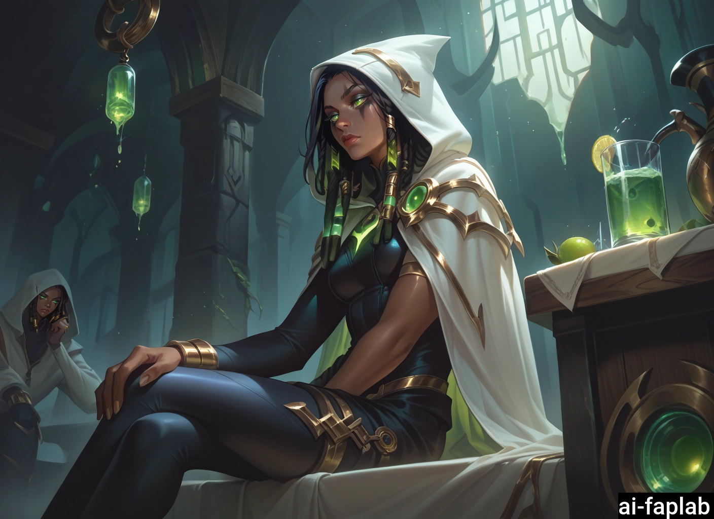 dark skin, dark-skinned female, green eyes, food, fruit, sitting · Yamete.gg