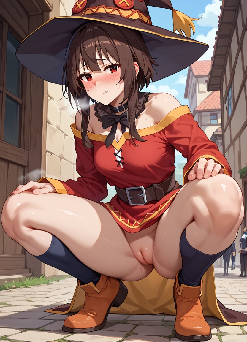 hat, pussy, witch hat, red eyes, blush, squatting · Yamete.gg
