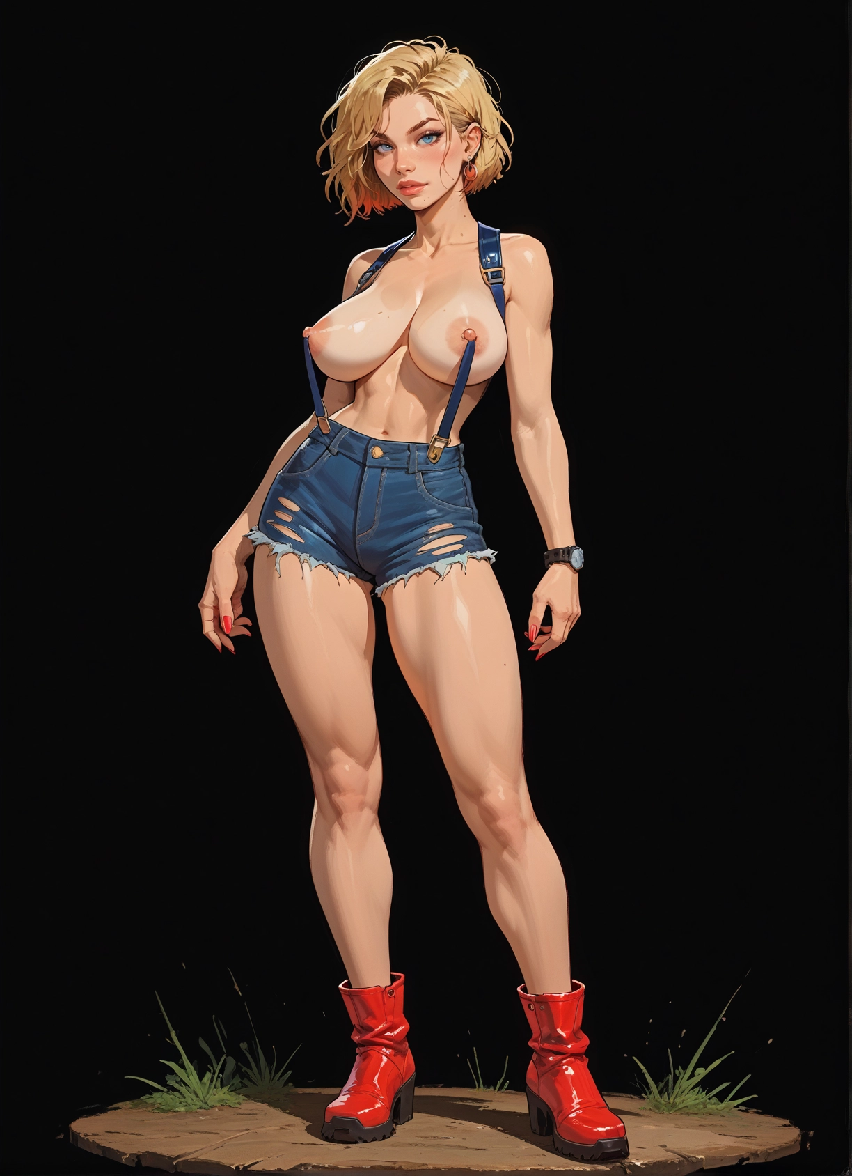 1girl, breasts, blonde hair, nipples, solo, shorts · Yamete.gg