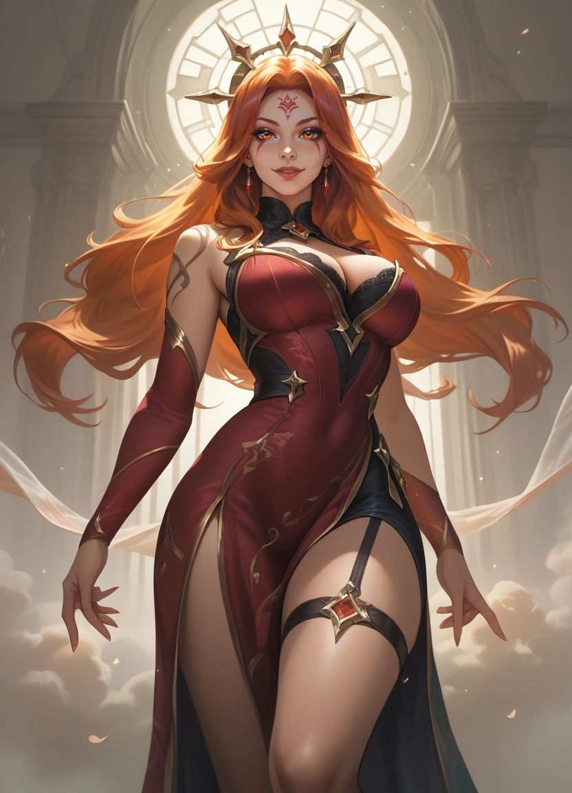 1girl, breasts, solo, orange hair, long hair, dress