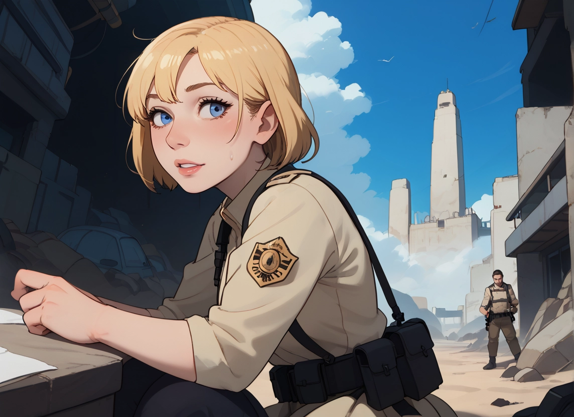 1girl, blue eyes, blonde hair, 1boy, day, sky