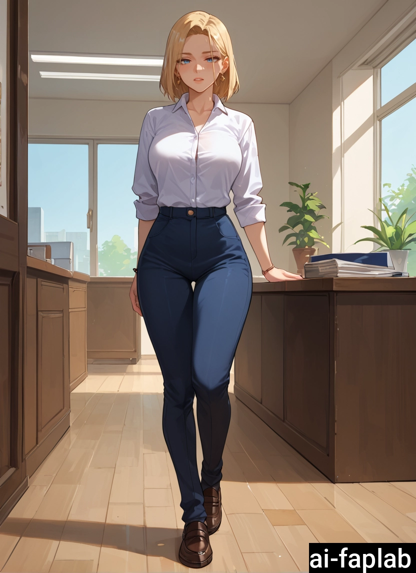 1girl, blonde hair, shirt, solo, high-waist pants, pants · Yamete.gg