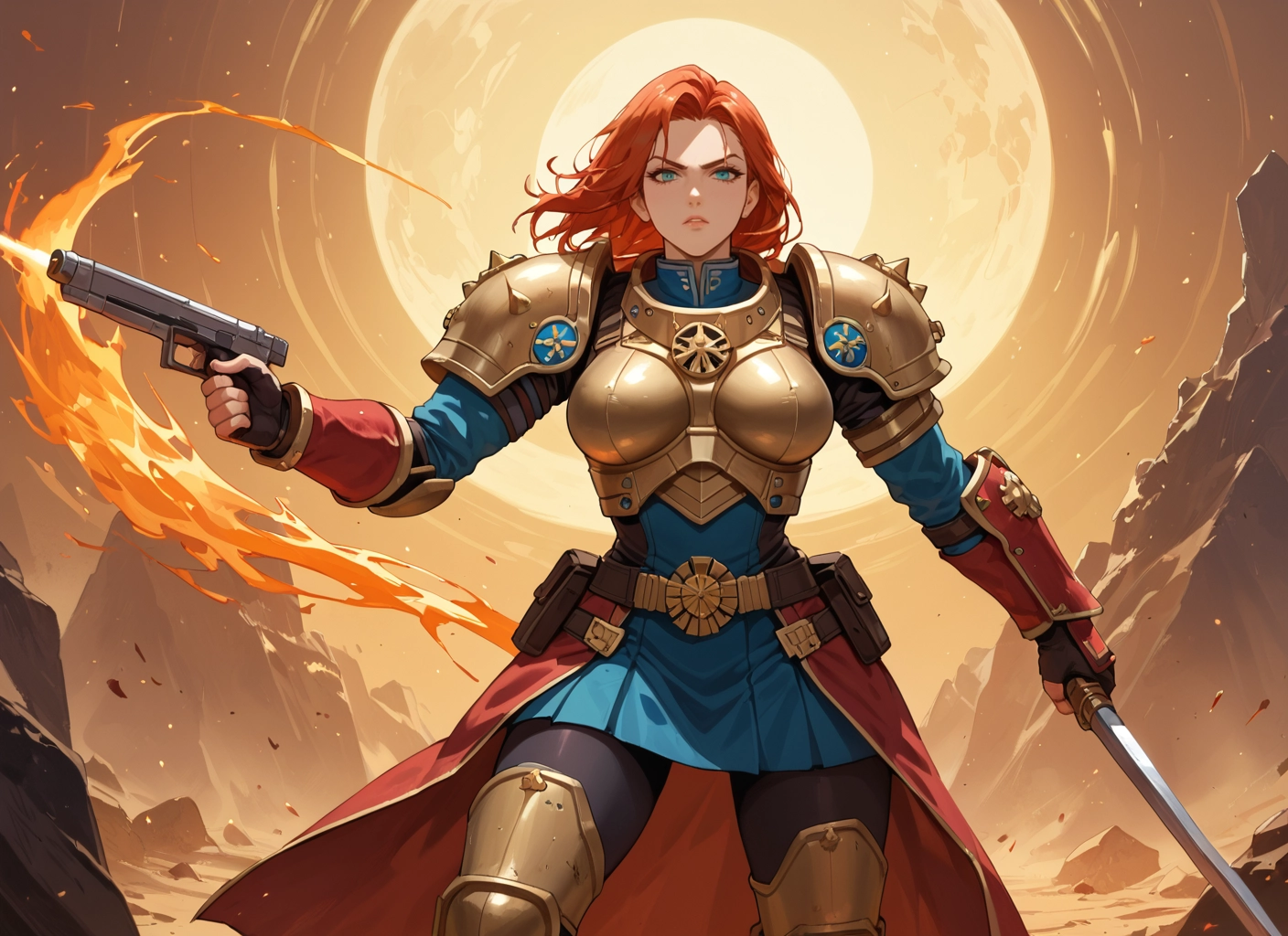 1girl, weapon, gun, armor, sword, blue eyes · Yamete.gg