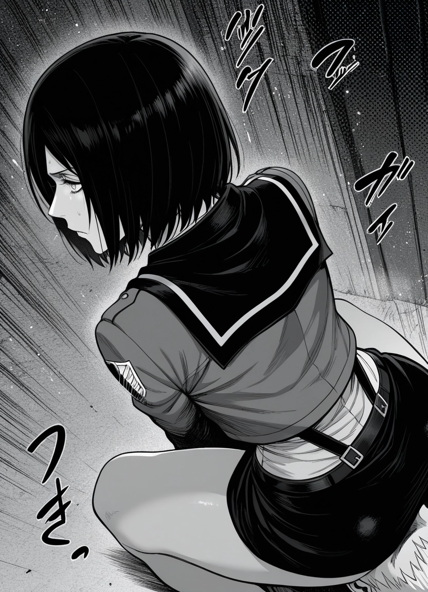 1girl, monochrome, greyscale, sitting on face, short hair, sitting on person · Yamete.gg